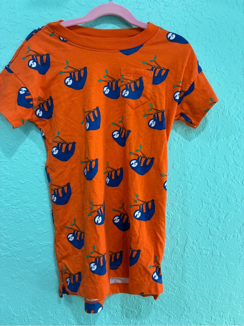 Hanna Andersson Kids Orange Sloth Print Tee shirt tunic/dress 100 4 novelty